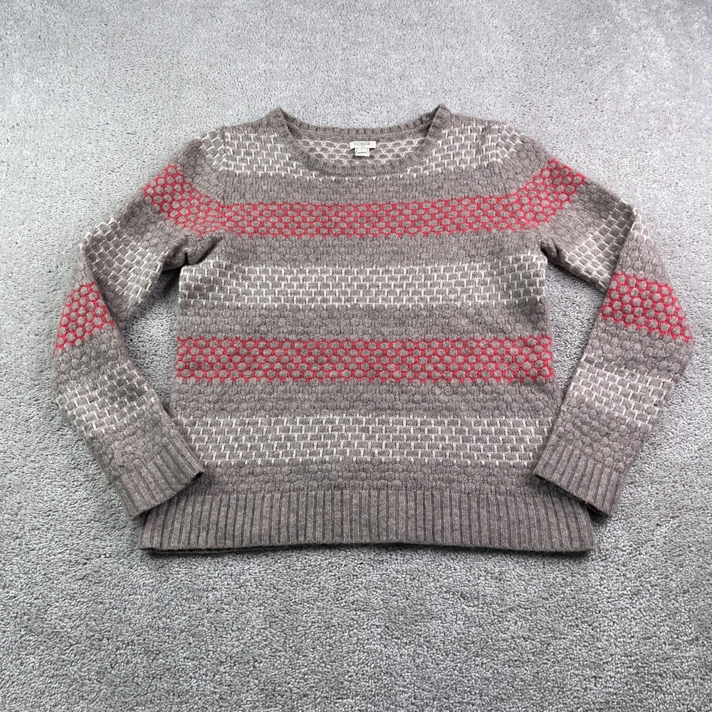 J Crew Sweater Womens Large Brown Red Striped Honeycomb Lambswool Blend